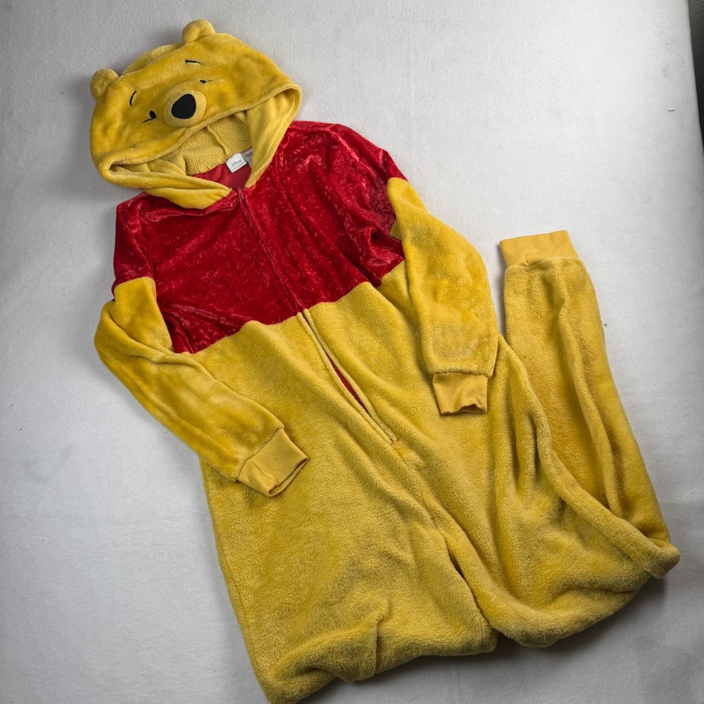 Disney Winnie the Pooh Hooded Union Suit Pajamas Red Yellow Medium 8/10 RN82457